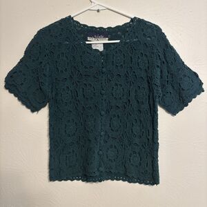 Noile Silk Exchange Large Green Vintage Crochet Top Short Sleeve Cottagecore